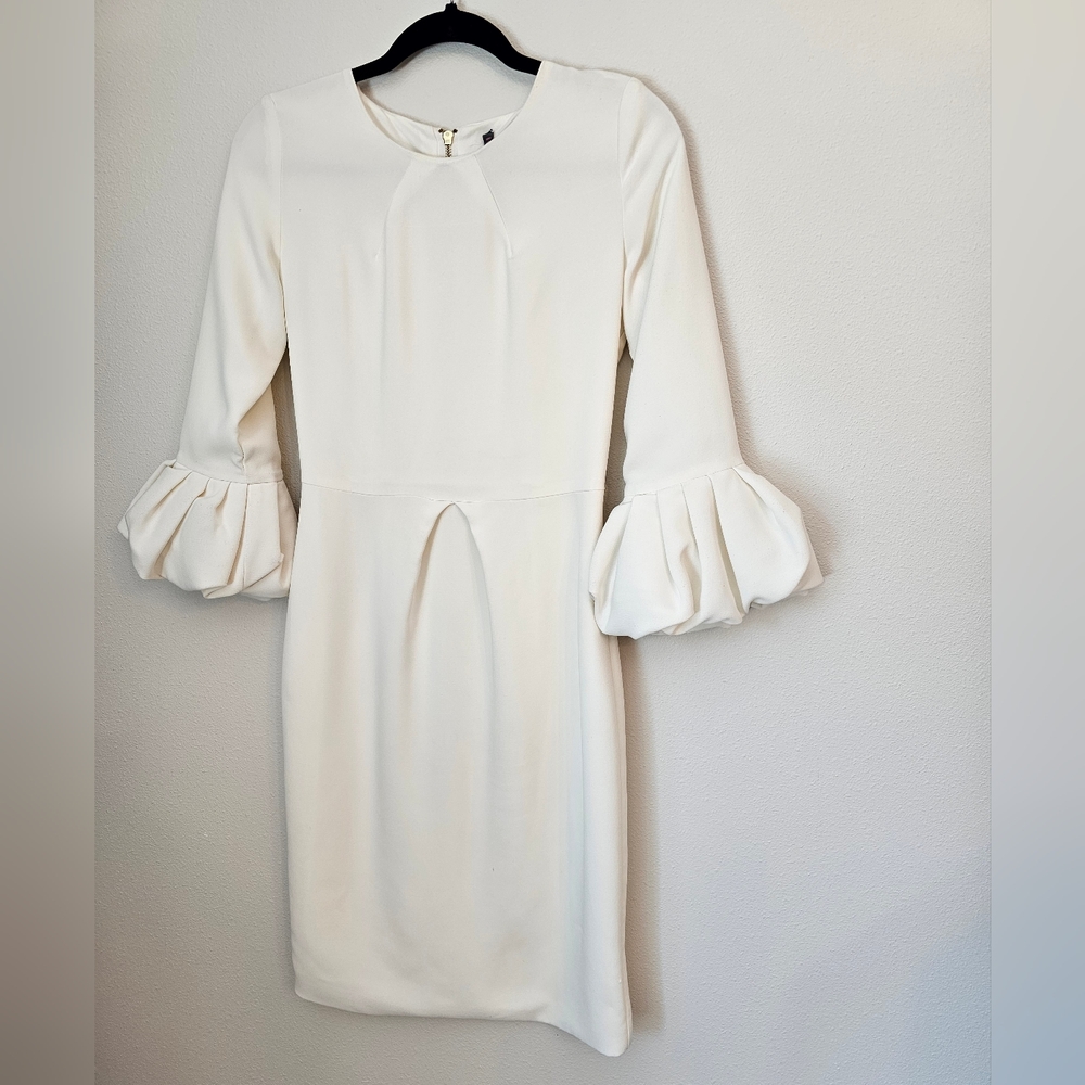 Off white, ivory midi cocktail dress with puffy sleave.
